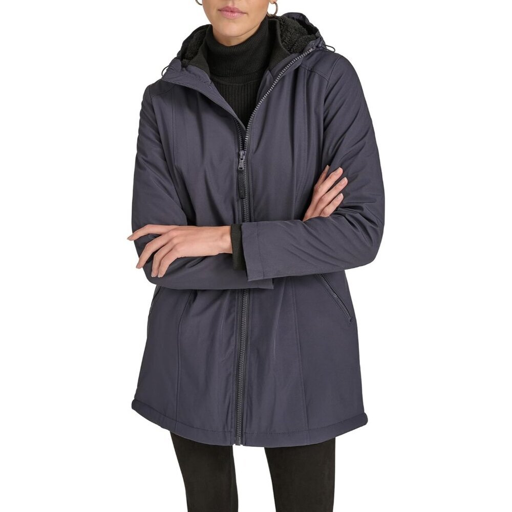 Women's Blue Puffer Hooded Zip Front Coat Long Sleeve Cold Weather Warm